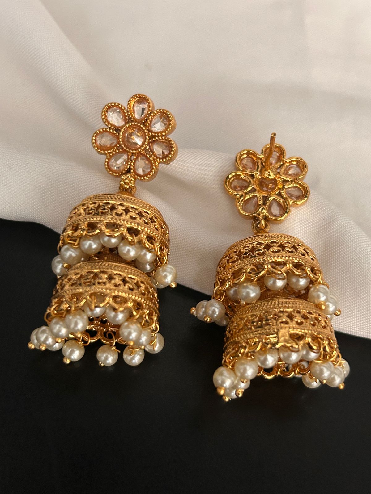 Traditional Gold Plated Jhumka Earrings with Pearl Drops
